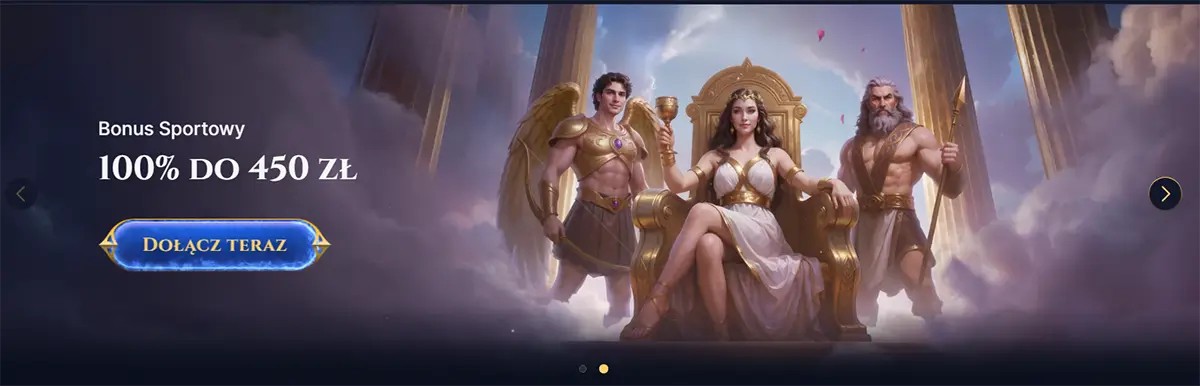 Polish sports bonus banner showing “Bonus Sportowy 100% do 450 zł” with a “Dołącz teraz” button, featuring a goddess on a golden throne between two mythic guardians in a cloudy temple scene.