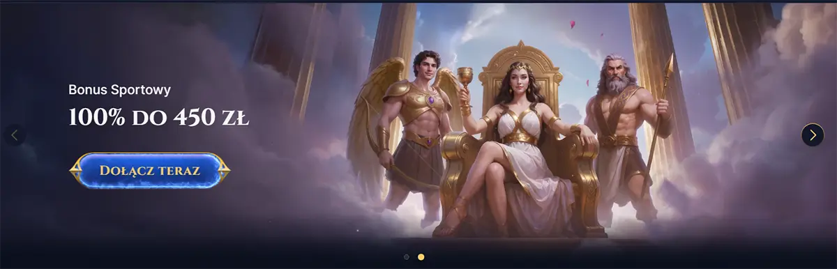 Polish sports bonus banner showing “Bonus Sportowy 100% do 450 zł” with a “Dołącz teraz” button, featuring a goddess on a golden throne between two mythic guardians in a cloudy temple scene.