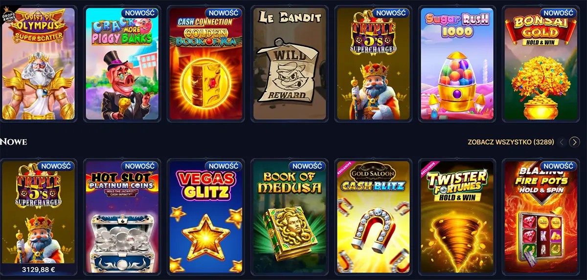 Casino lobby “New” section showing a grid of slot game thumbnails (e.g., Gates of Olympus, Crack More Piggy Banks, Sugar Rush 1000, Bonsai Gold) with “NOWOŚĆ” tags and a “Zobacz wszystko (3289)” link.