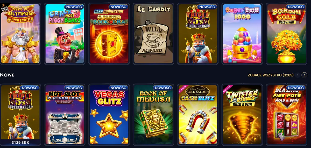 Casino lobby “New” section showing a grid of slot game thumbnails (e.g., Gates of Olympus, Crack More Piggy Banks, Sugar Rush 1000, Bonsai Gold) with “NOWOŚĆ” tags and a “Zobacz wszystko (3289)” link.