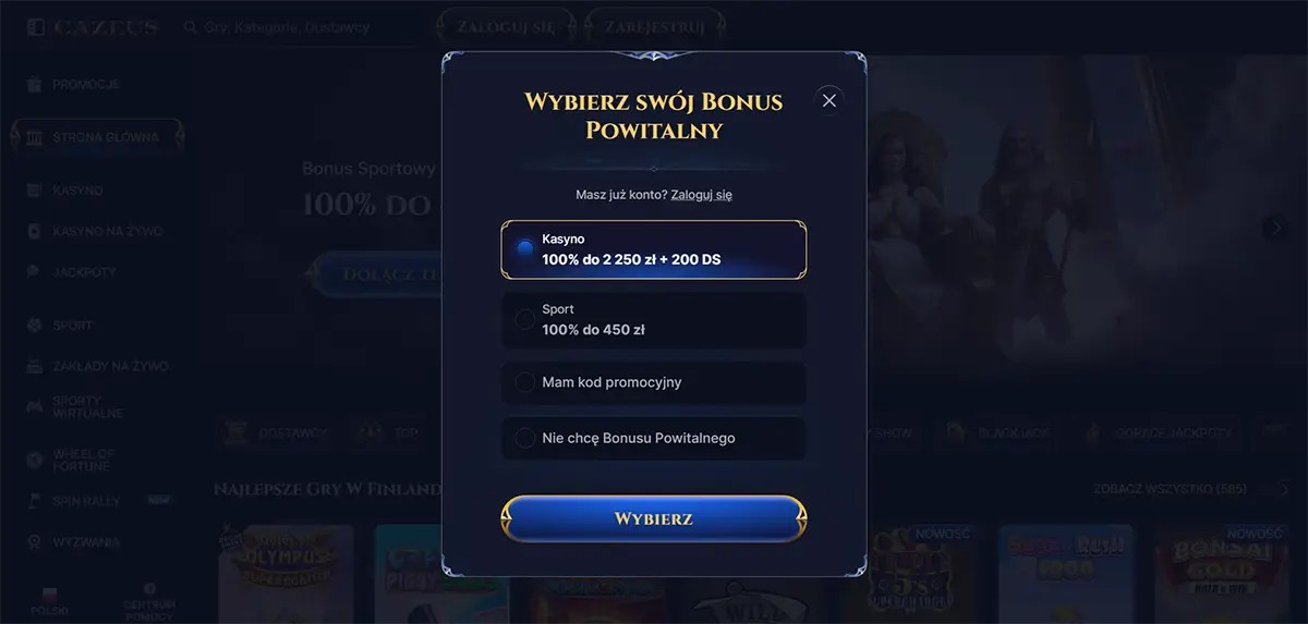 Choose your welcome bonus” popup on a casino site, showing selectable options for Casino (100% up to 2,250 zł + 200 free spins), Sport (100% up to 450 zł), promo code, or no bonus, with a blue “Wybierz” button.