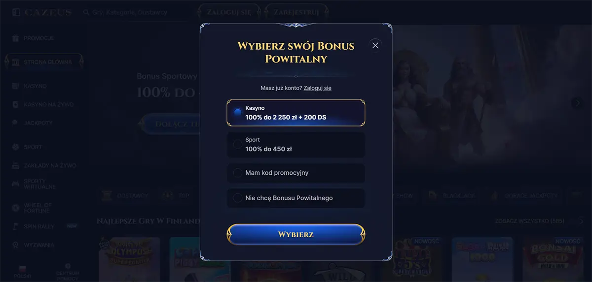 Choose your welcome bonus” popup on a casino site, showing selectable options for Casino (100% up to 2,250 zł + 200 free spins), Sport (100% up to 450 zł), promo code, or no bonus, with a blue “Wybierz” button.